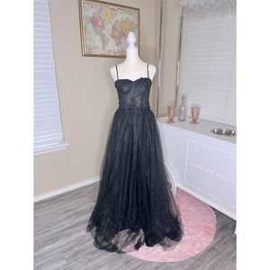 Women’s Champagne spaghetti strap Glitter tulle prom dress
